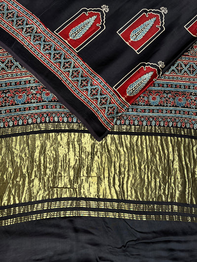 JAISVI: Handblock Modal Silk Tissue Ajrakh Saree