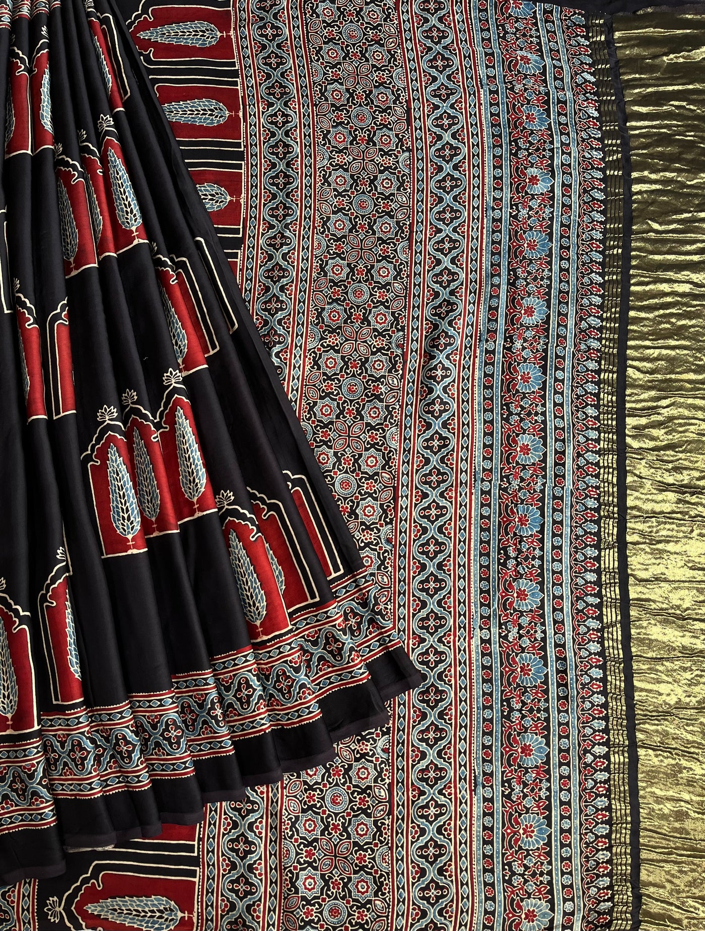 JAISVI: Handblock Modal Silk Tissue Ajrakh Saree