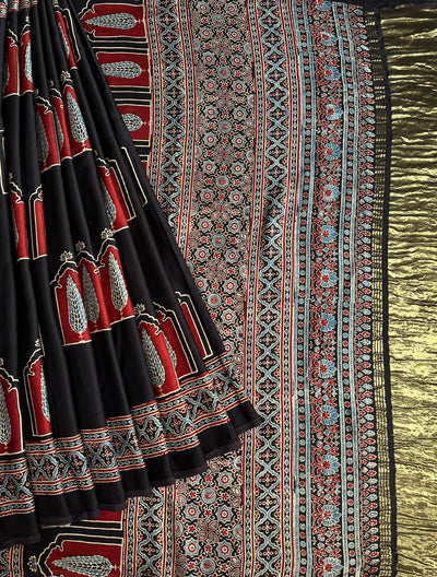 JAISVI: Handblock Modal Silk Tissue Ajrakh Saree