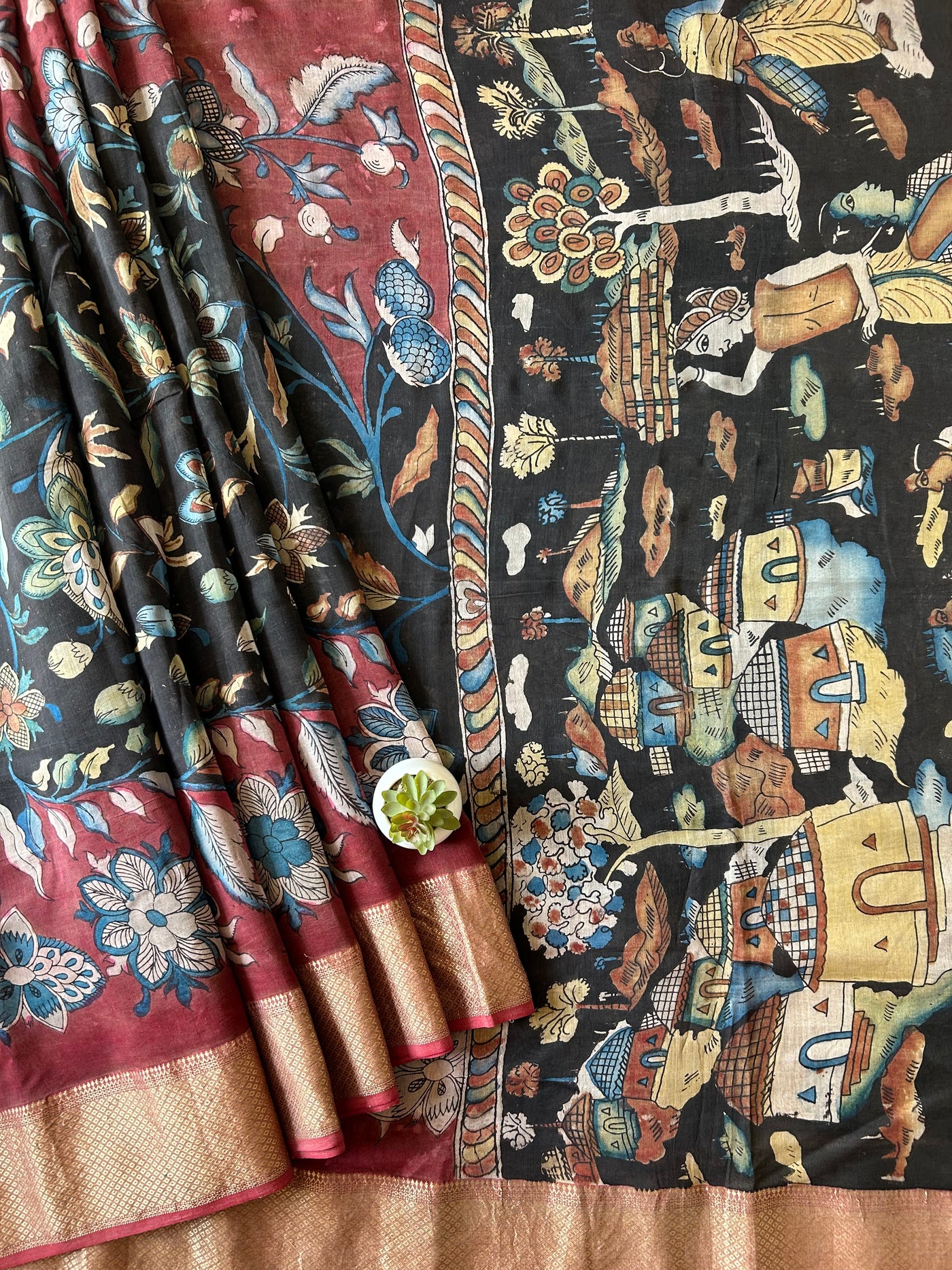 Sugandh : Handloom Maheshwari Pen Kalamkari Saree by