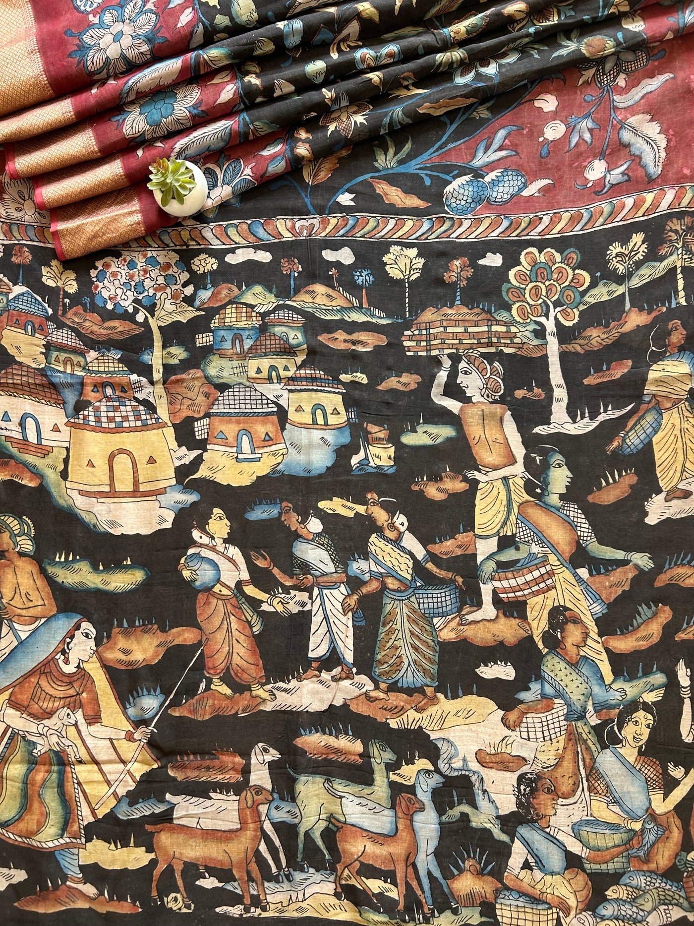 Sugandh : Handloom Maheshwari Pen Kalamkari Saree by