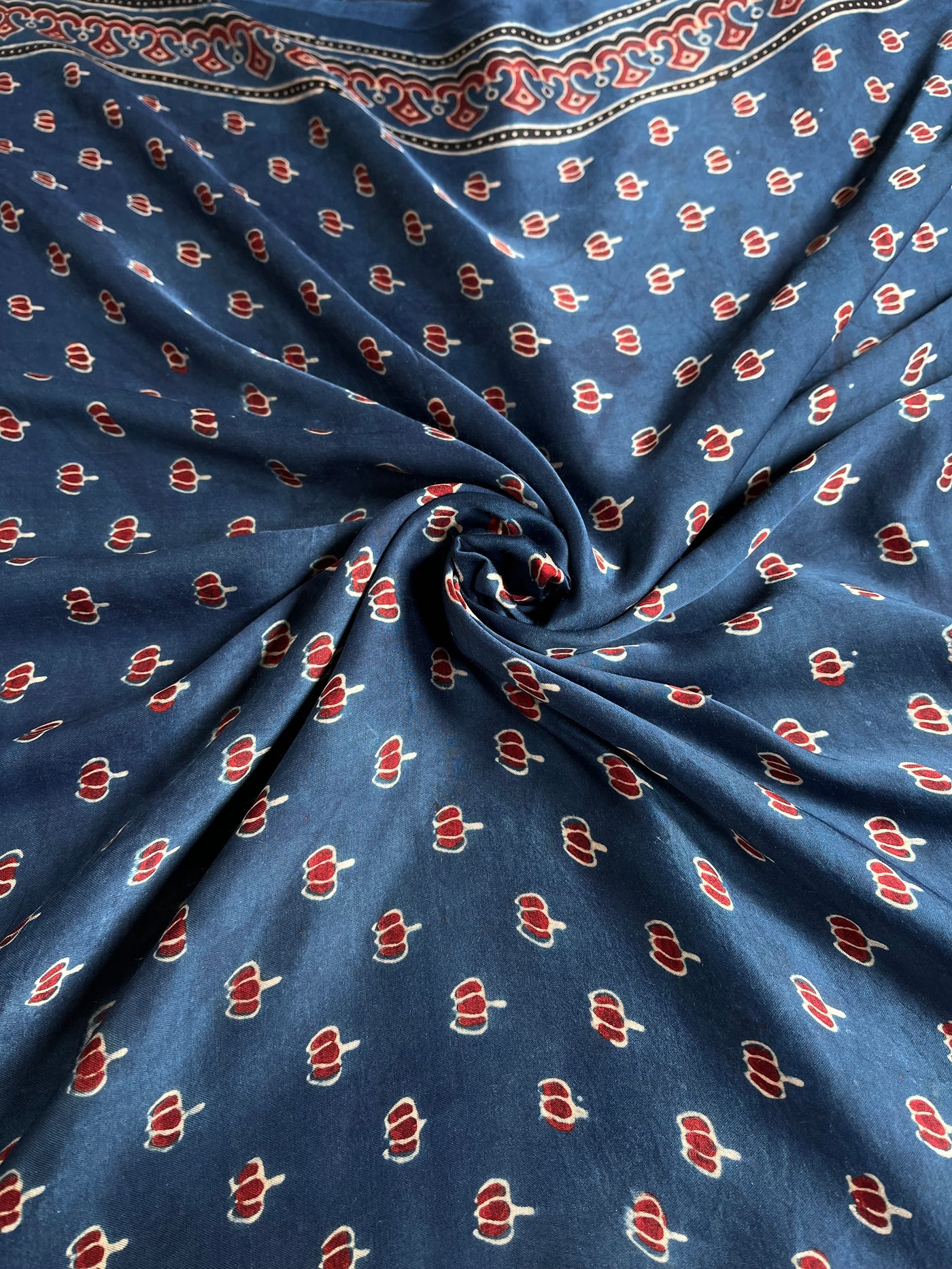 Indigo Lotus : Handblock Printed Ajrakh Modal Silk Fabric