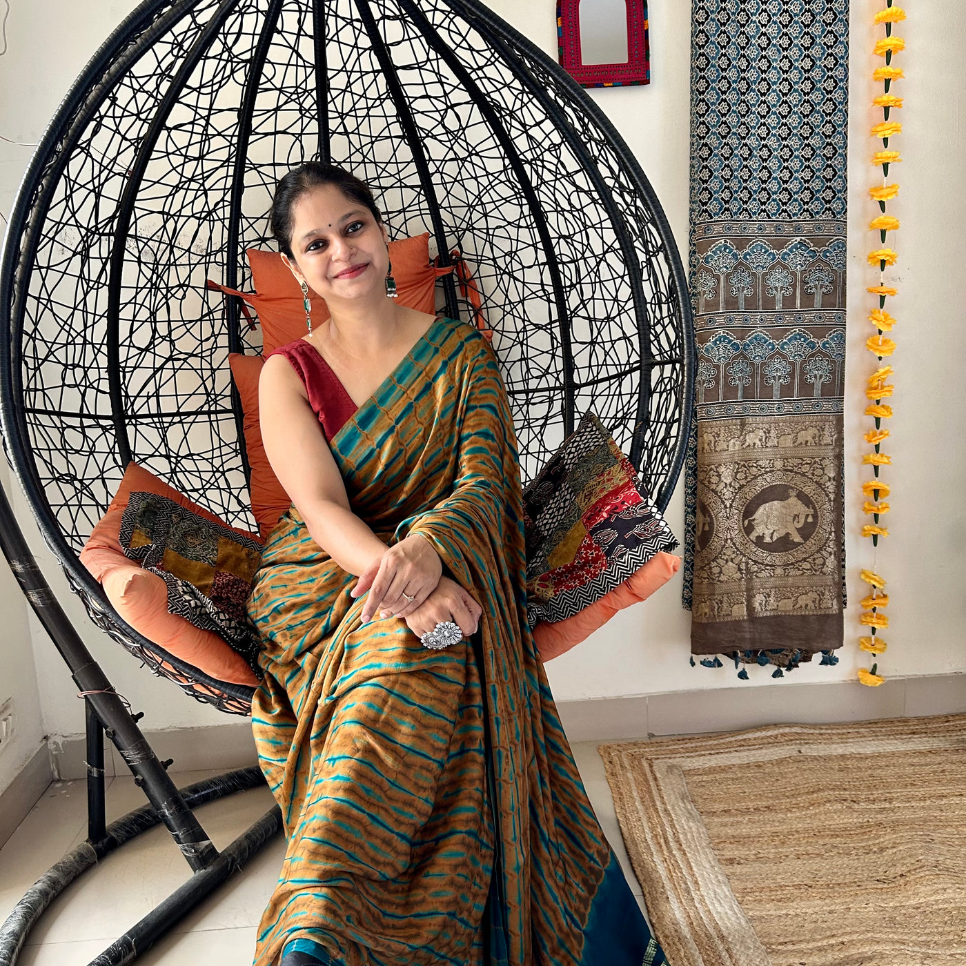 GOLDEN BROWN:HANDMADE TIE&DYE MODAL SILK SAREE WITH TISSUE PALLU
