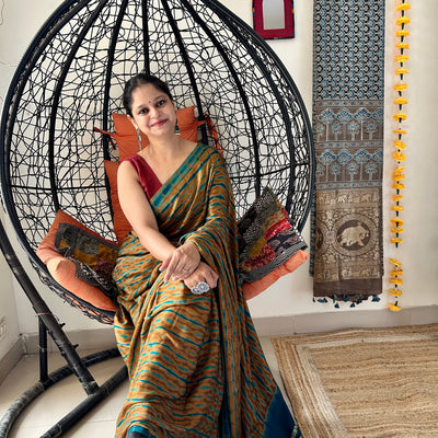 GOLDEN BROWN:HANDMADE TIE&DYE MODAL SILK SAREE WITH TISSUE PALLU