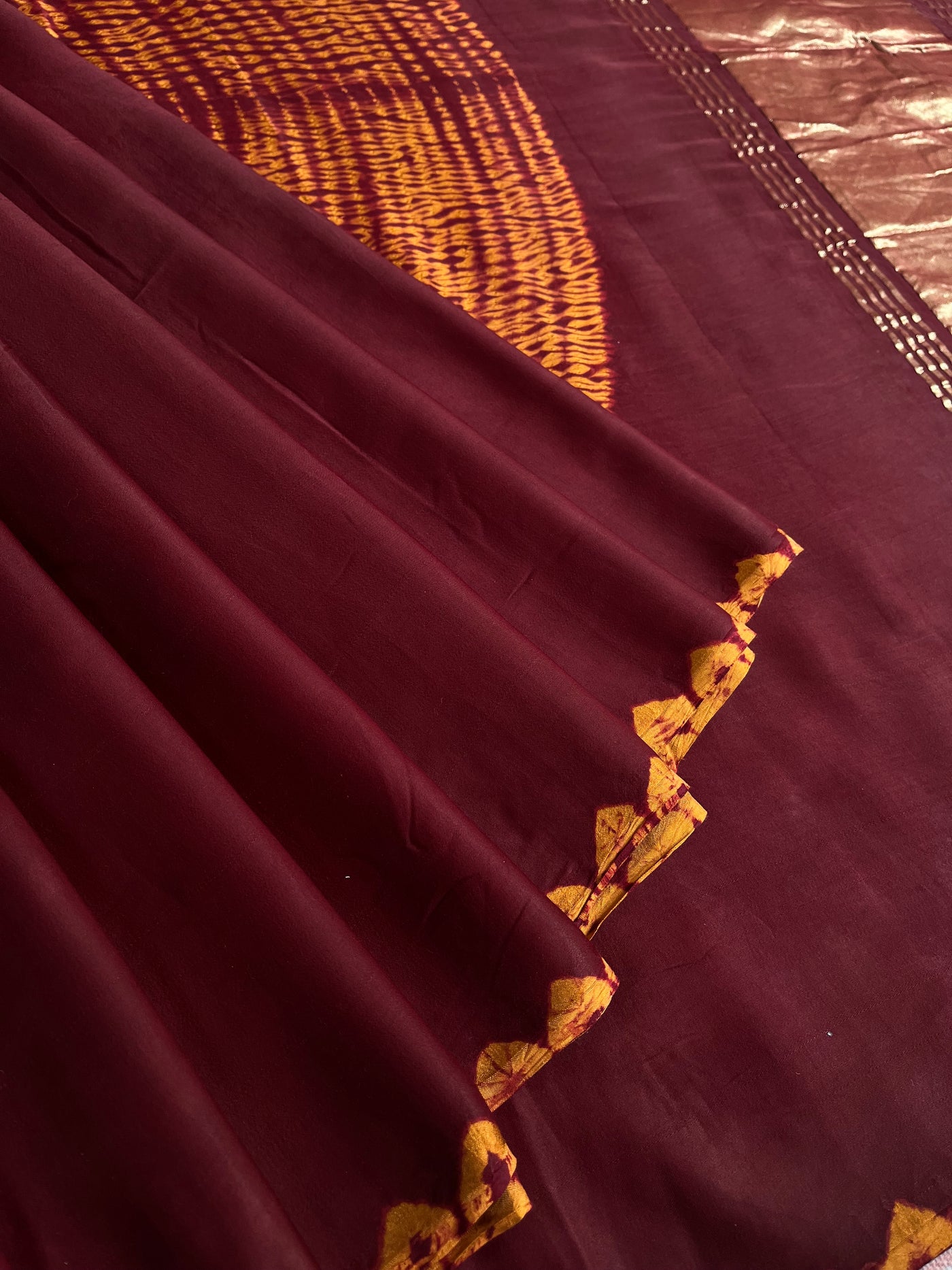 ROHINI: Handmade Shibori Dyed Modal Silk Tissue Pallu Saree