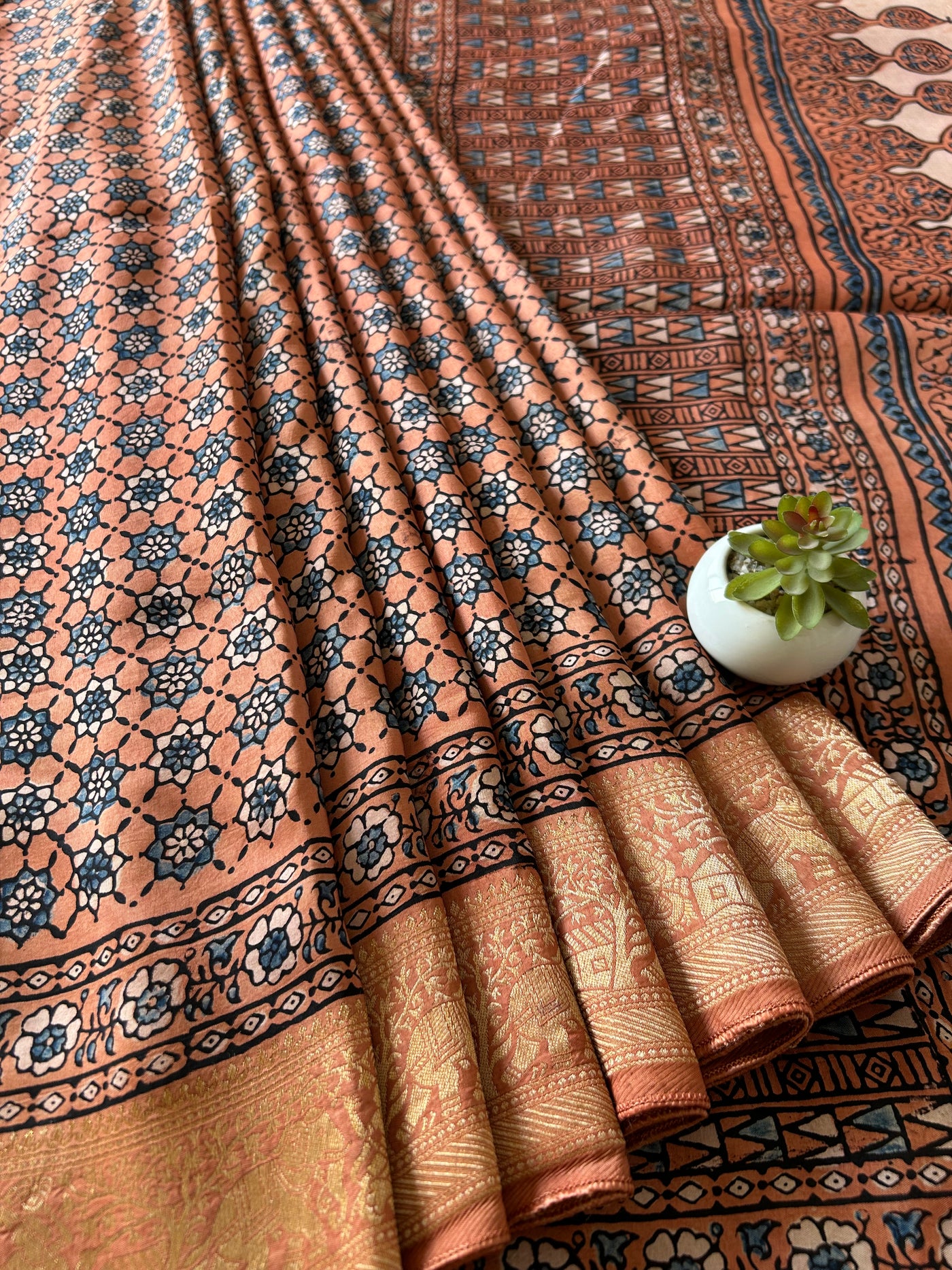 Raunak:Handmade Ajrakh Dola Silk Saree with Meenakari Pallu