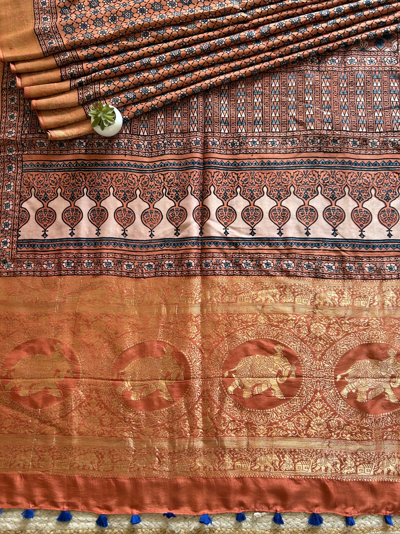 Raunak:Handmade Ajrakh Dola Silk Saree with Meenakari Pallu