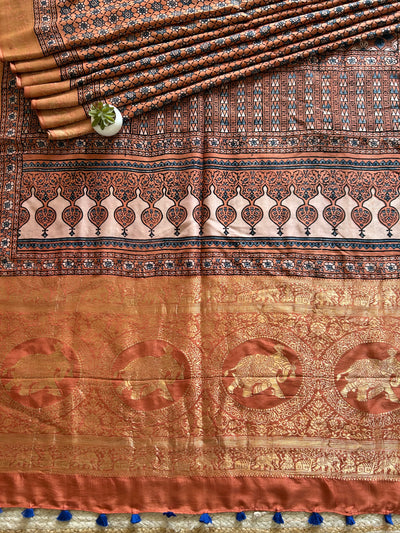 Raunak:Handmade Ajrakh Dola Silk Saree with Meenakari Pallu