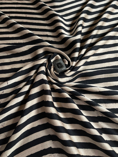 Strips In Black : Handblock Printed Ajrakh Modal Silk Fabric