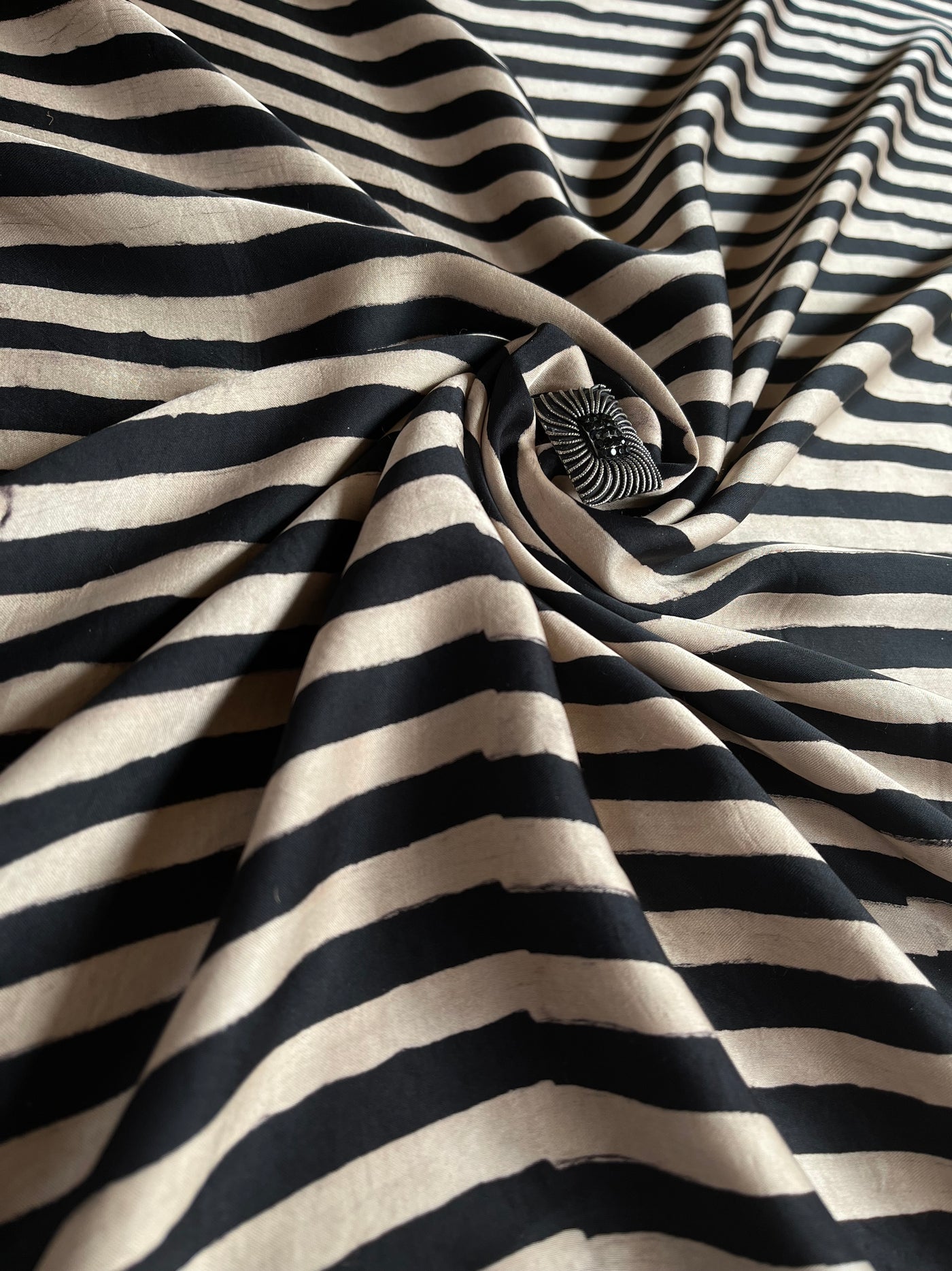 Strips In Black : Handblock Printed Ajrakh Modal Silk Fabric