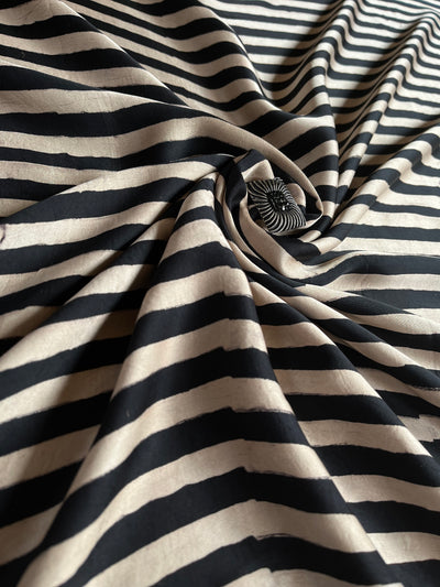 Strips In Black : Handblock Printed Ajrakh Modal Silk Fabric