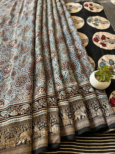 ARUNA:Handmade Ajrakh Dola Silk Saree with Meenakari Pallu