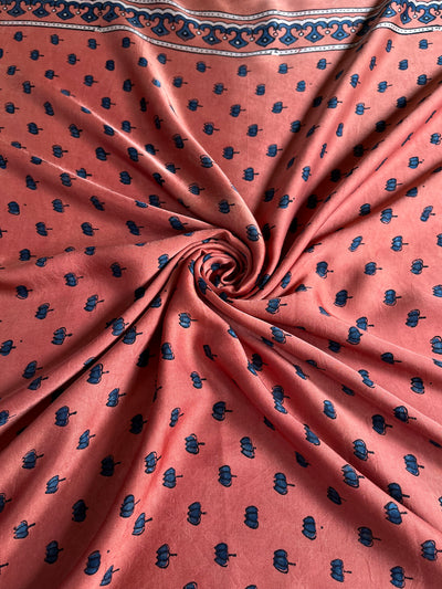Peach Pink Lotus : Handblock Printed Ajrakh Modal Silk Fabric