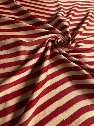 Strips In Red : Handblock Printed Ajrakh Modal Silk Fabric