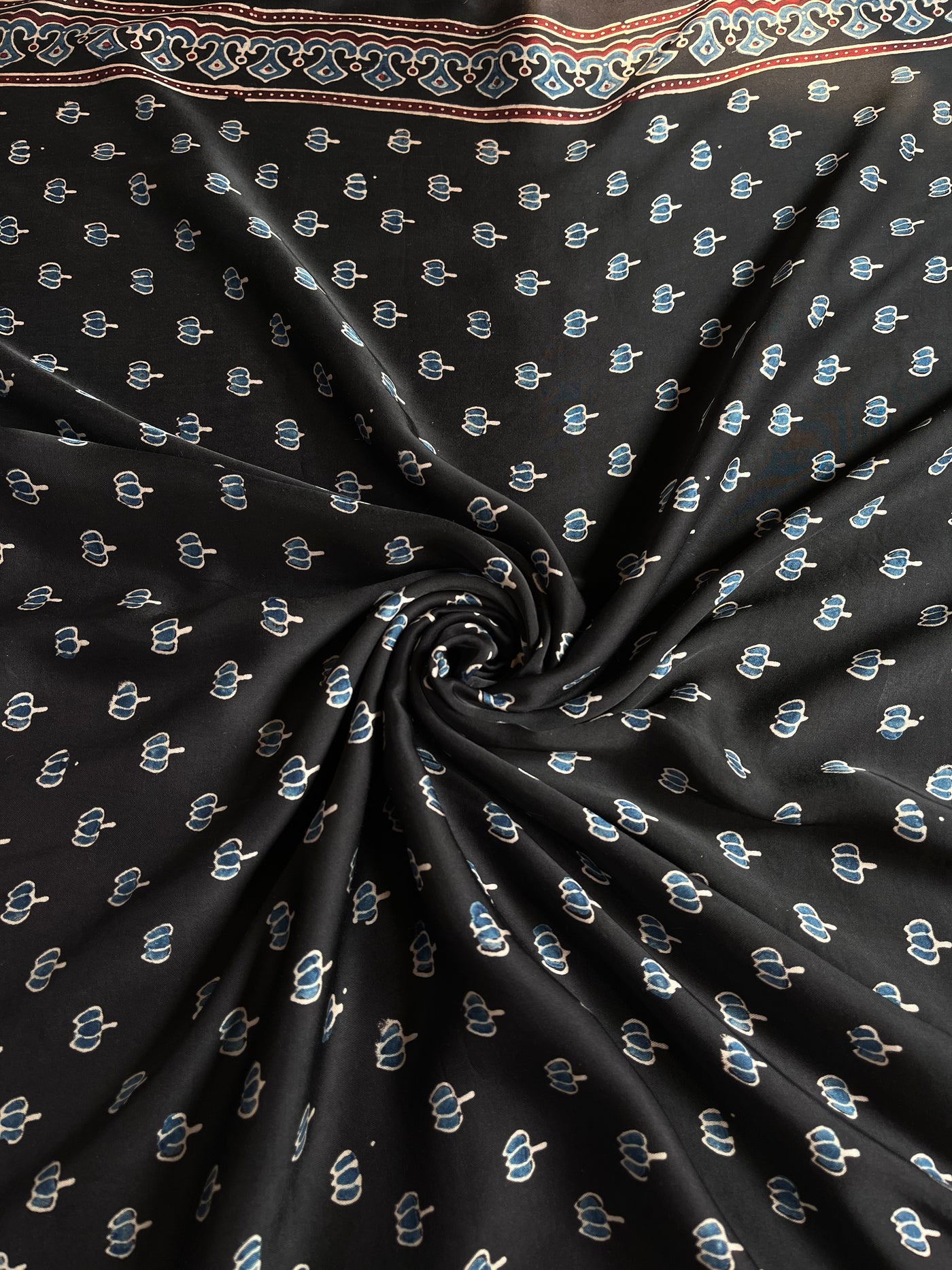 Black Lotus : Handblock Printed Ajrakh Modal Silk Fabric