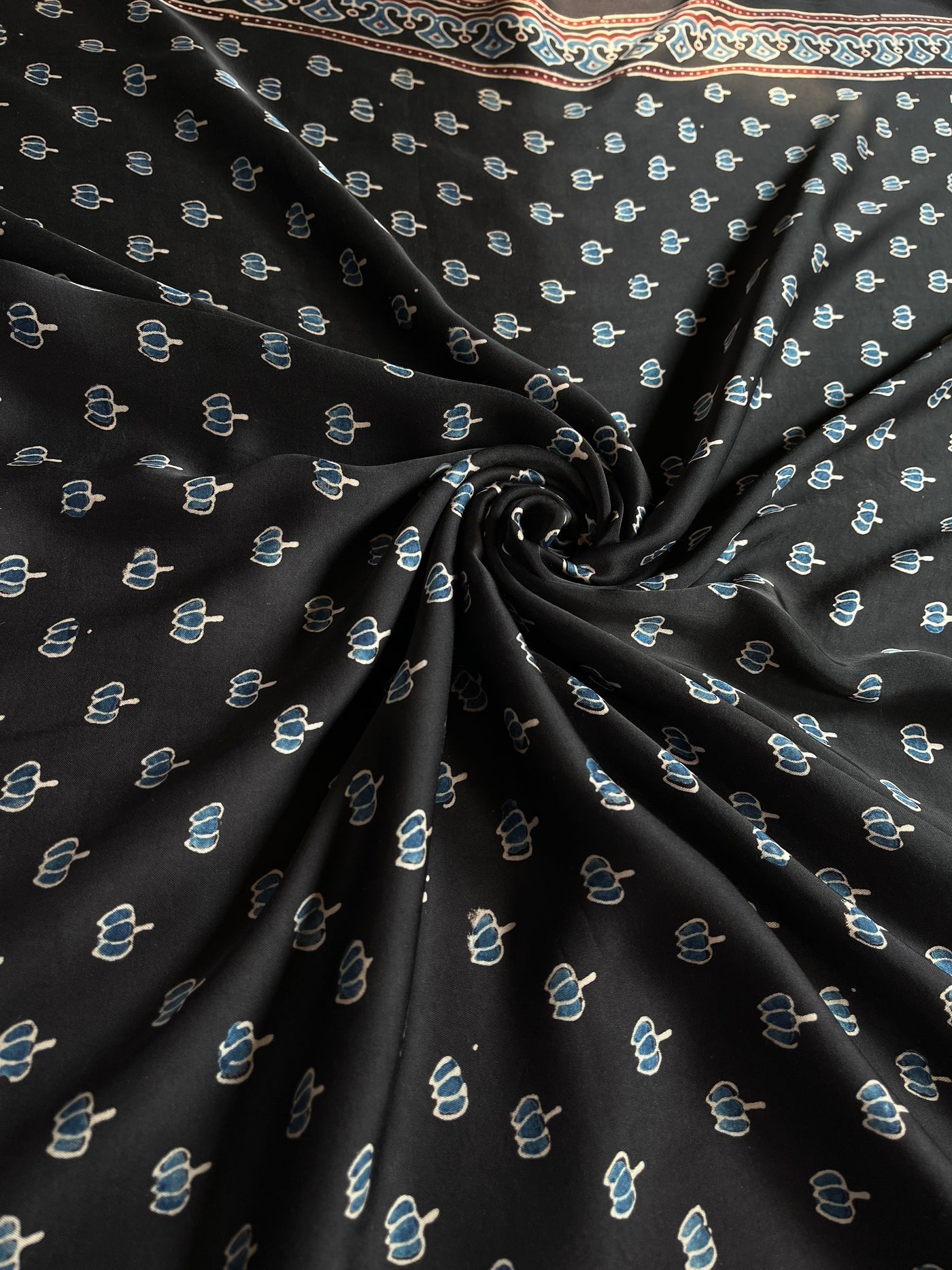 Black Lotus : Handblock Printed Ajrakh Modal Silk Fabric