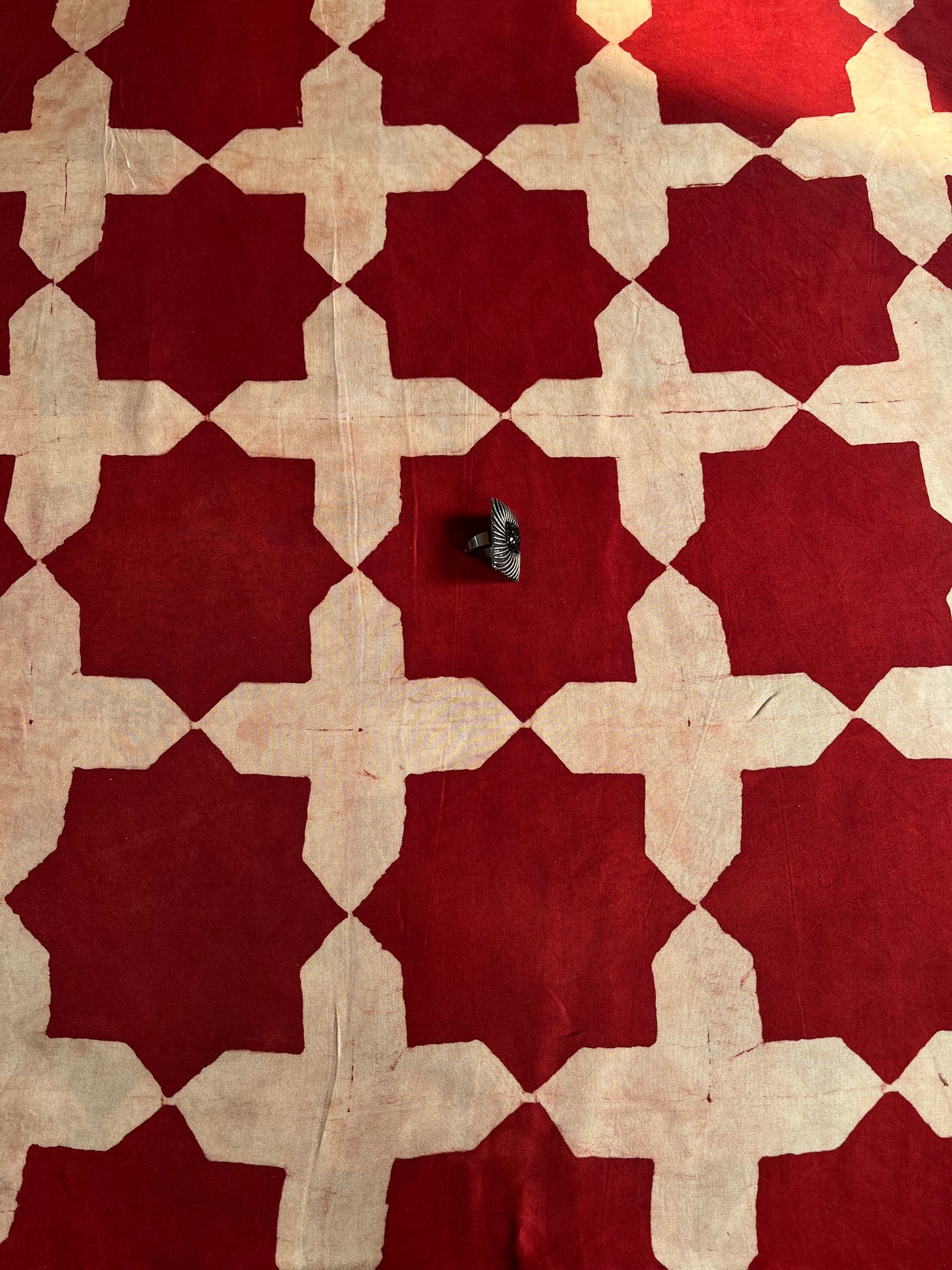 Octagon Red : Handblock Printed Ajrakh Modal Silk Fabric