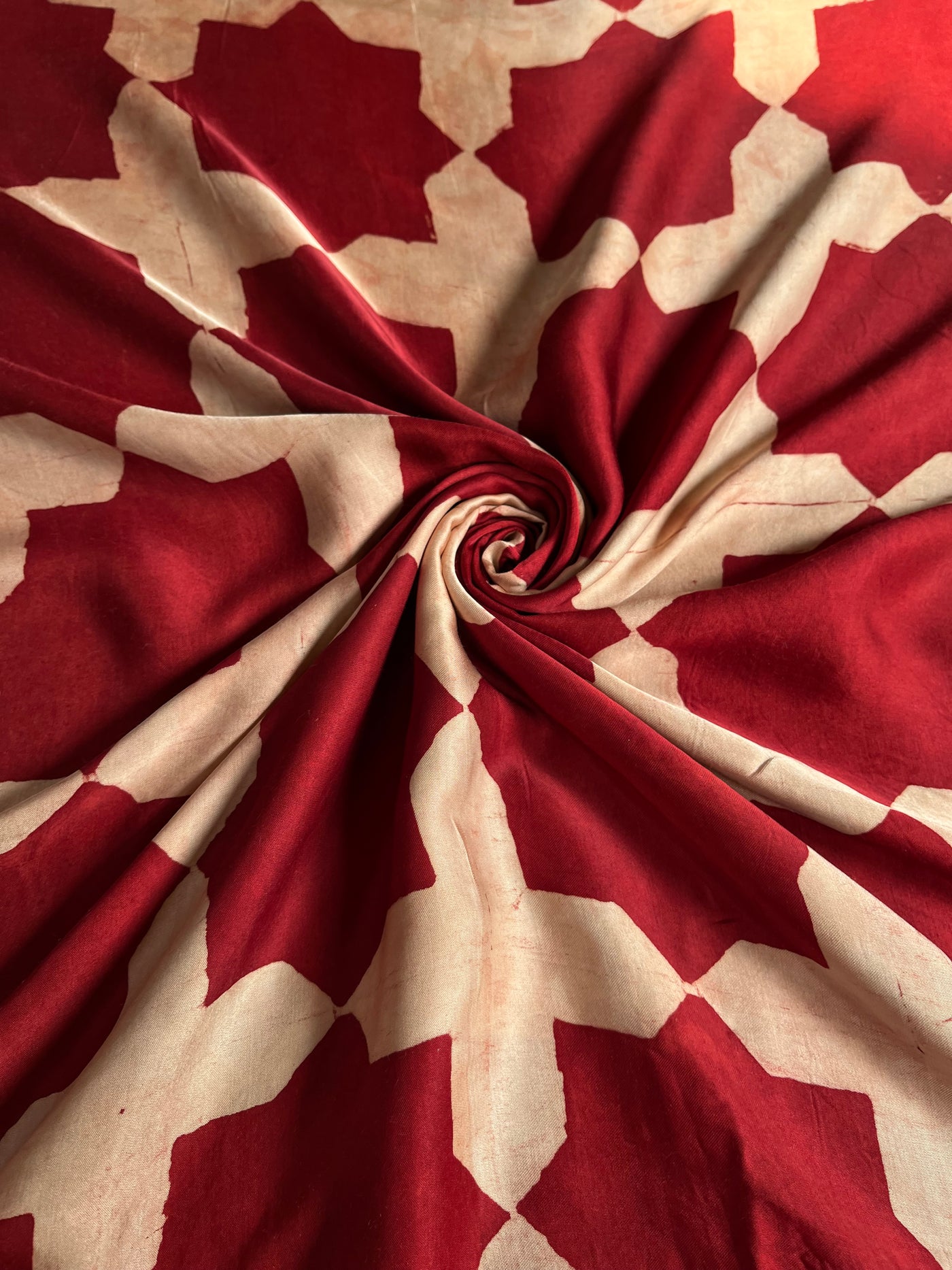 Octagon Red : Handblock Printed Ajrakh Modal Silk Fabric