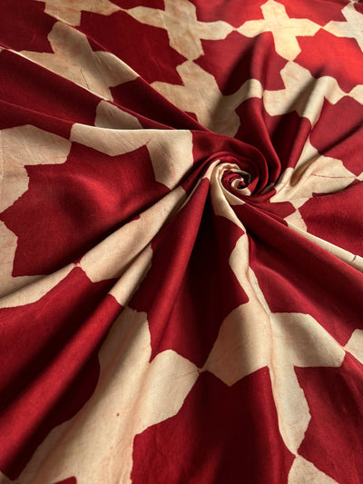 Octagon Red : Handblock Printed Ajrakh Modal Silk Fabric