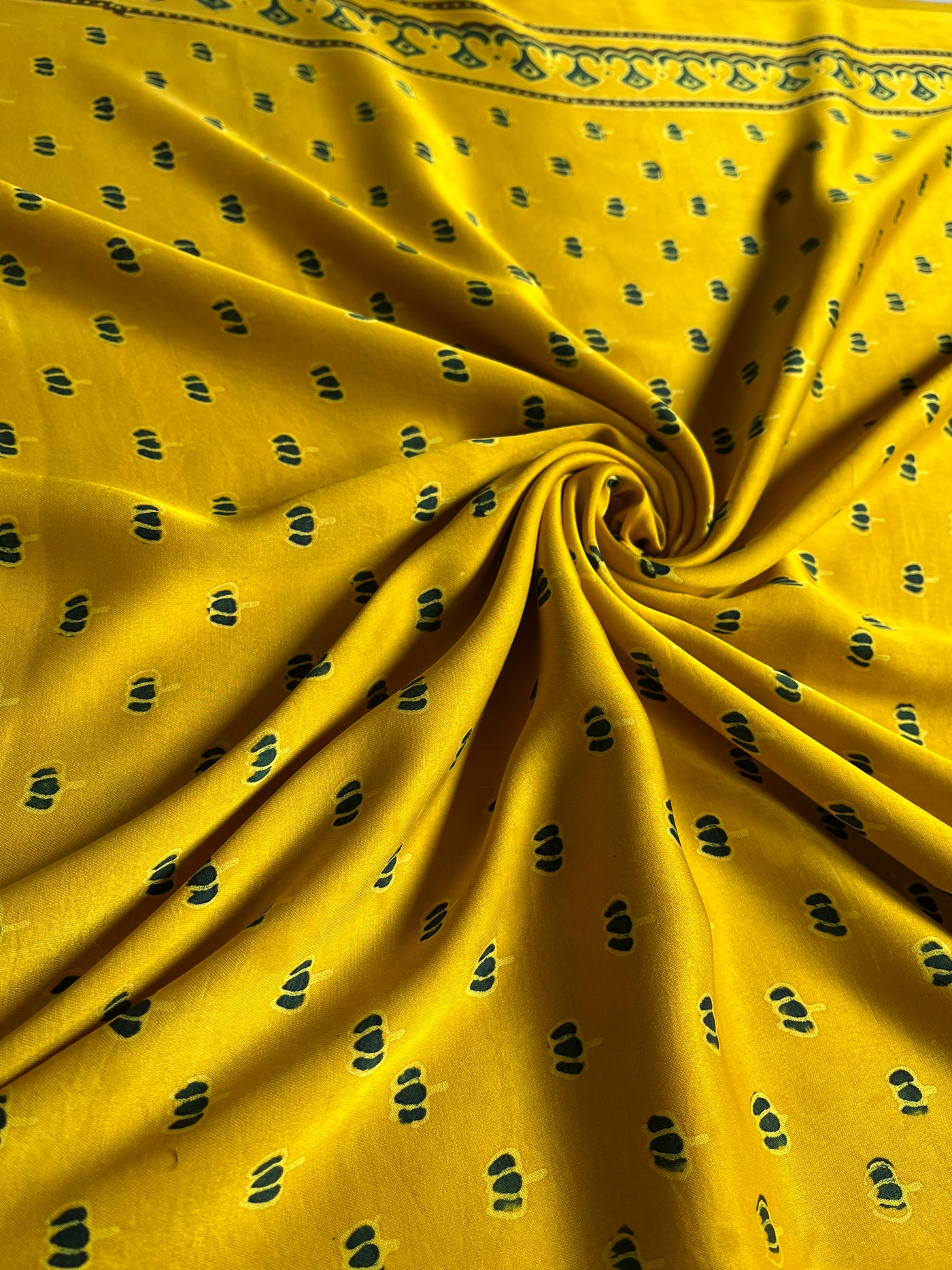 Yellow Lotus : Handblock Printed Ajrakh Modal Silk Fabric