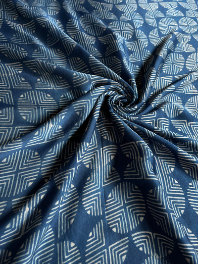 Geometrical Indigo : Handblock Printed Ajrakh Modal Silk Fabric