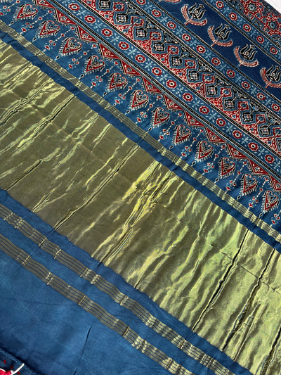 SUBHI: Handblock Modal Silk Tissue Ajrakh Saree