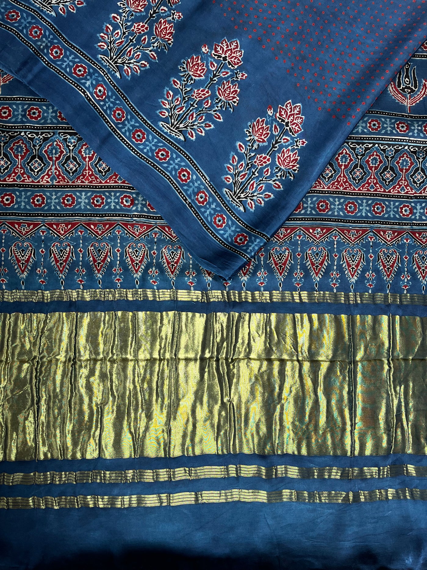 SUBHI: Handblock Modal Silk Tissue Ajrakh Saree