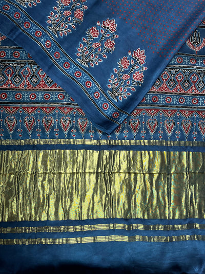SUBHI: Handblock Modal Silk Tissue Ajrakh Saree
