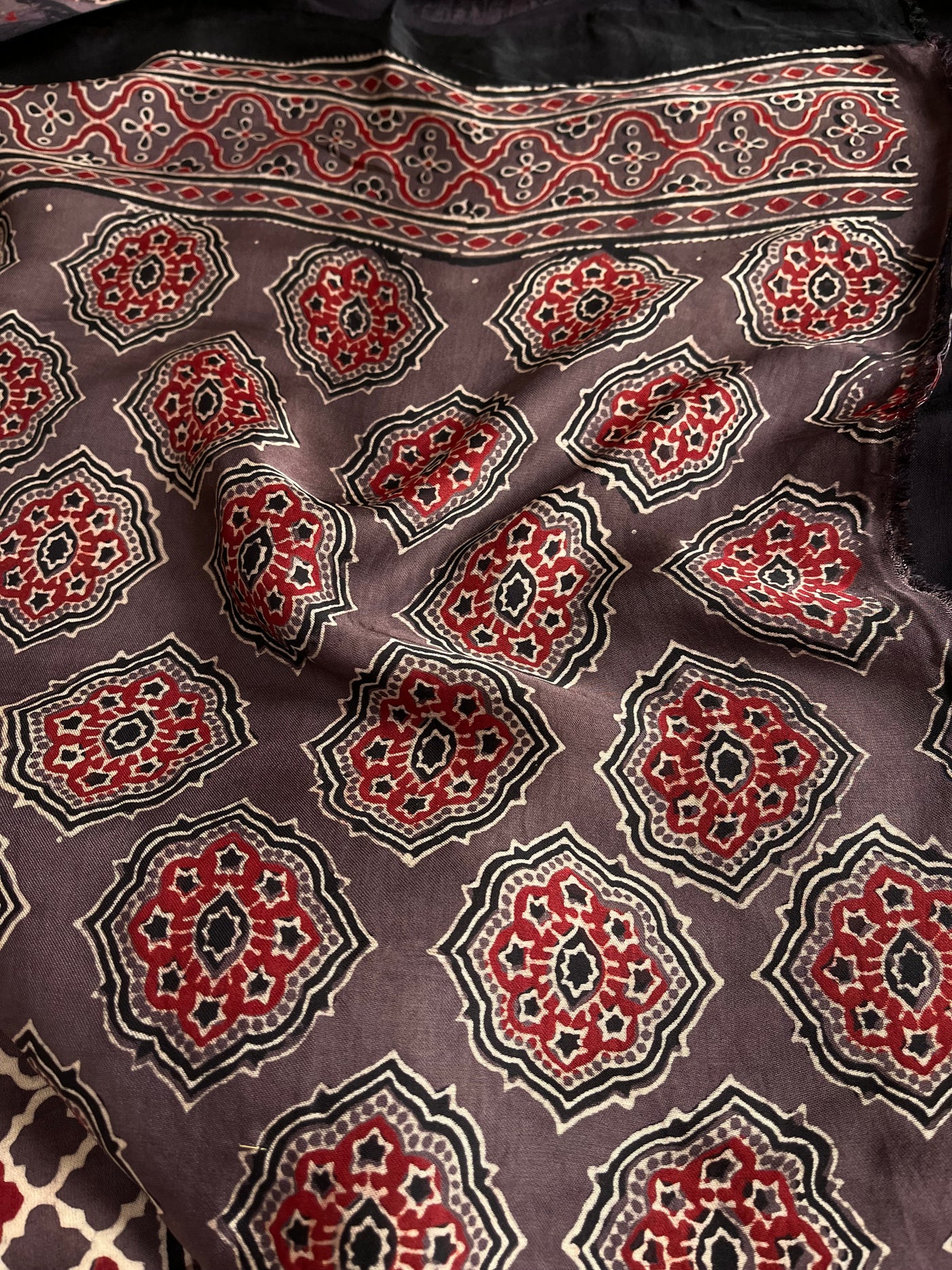 GOLDI: Handblock Modal Silk Tissue Ajrakh Saree