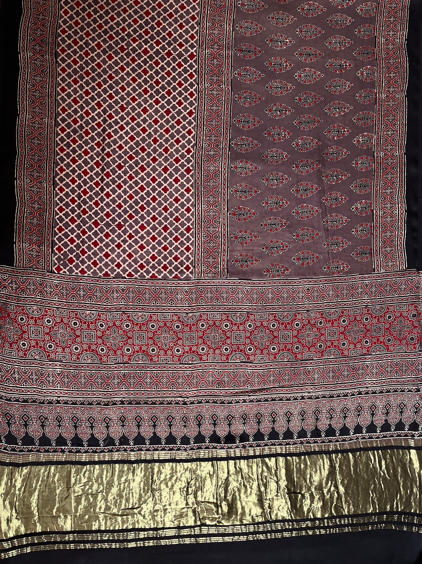 GOLDI: Handblock Modal Silk Tissue Ajrakh Saree