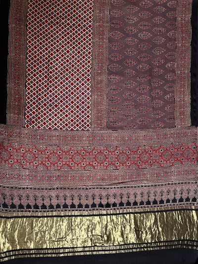 GOLDI: Handblock Modal Silk Tissue Ajrakh Saree