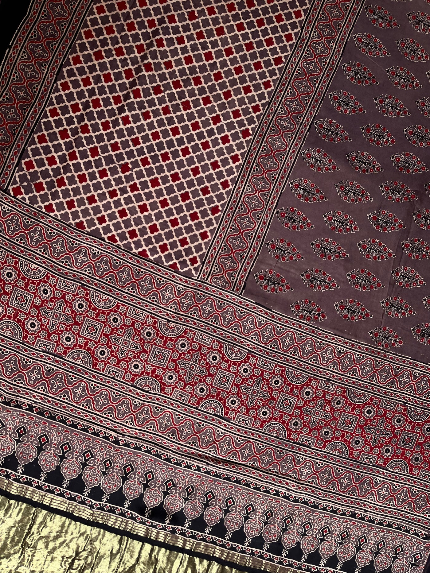 GOLDI: Handblock Modal Silk Tissue Ajrakh Saree