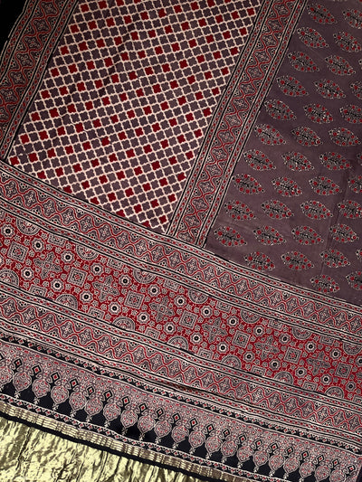 GOLDI: Handblock Modal Silk Tissue Ajrakh Saree