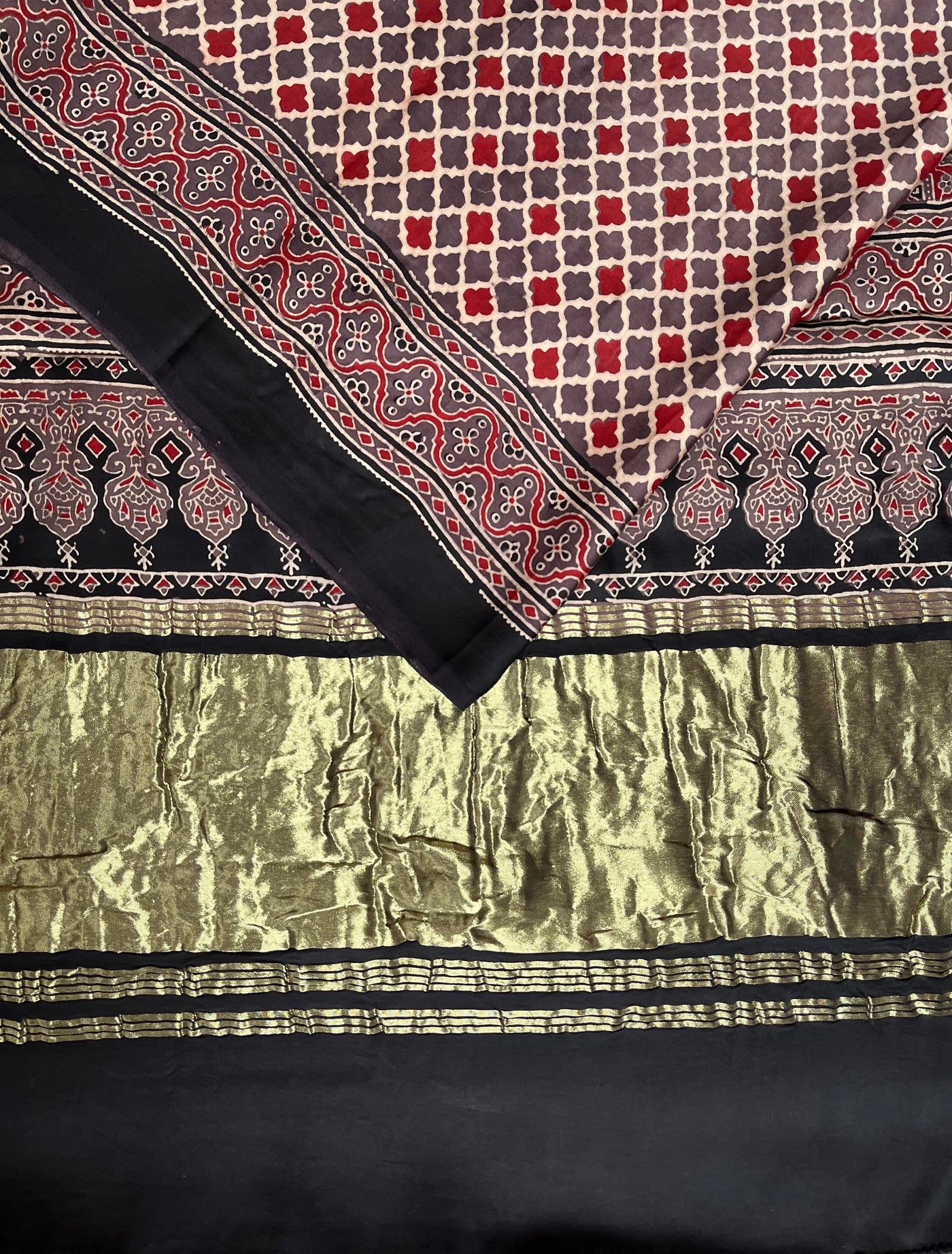 GOLDI: Handblock Modal Silk Tissue Ajrakh Saree
