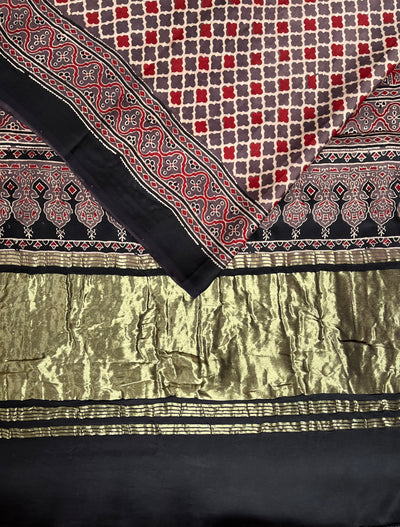 GOLDI: Handblock Modal Silk Tissue Ajrakh Saree