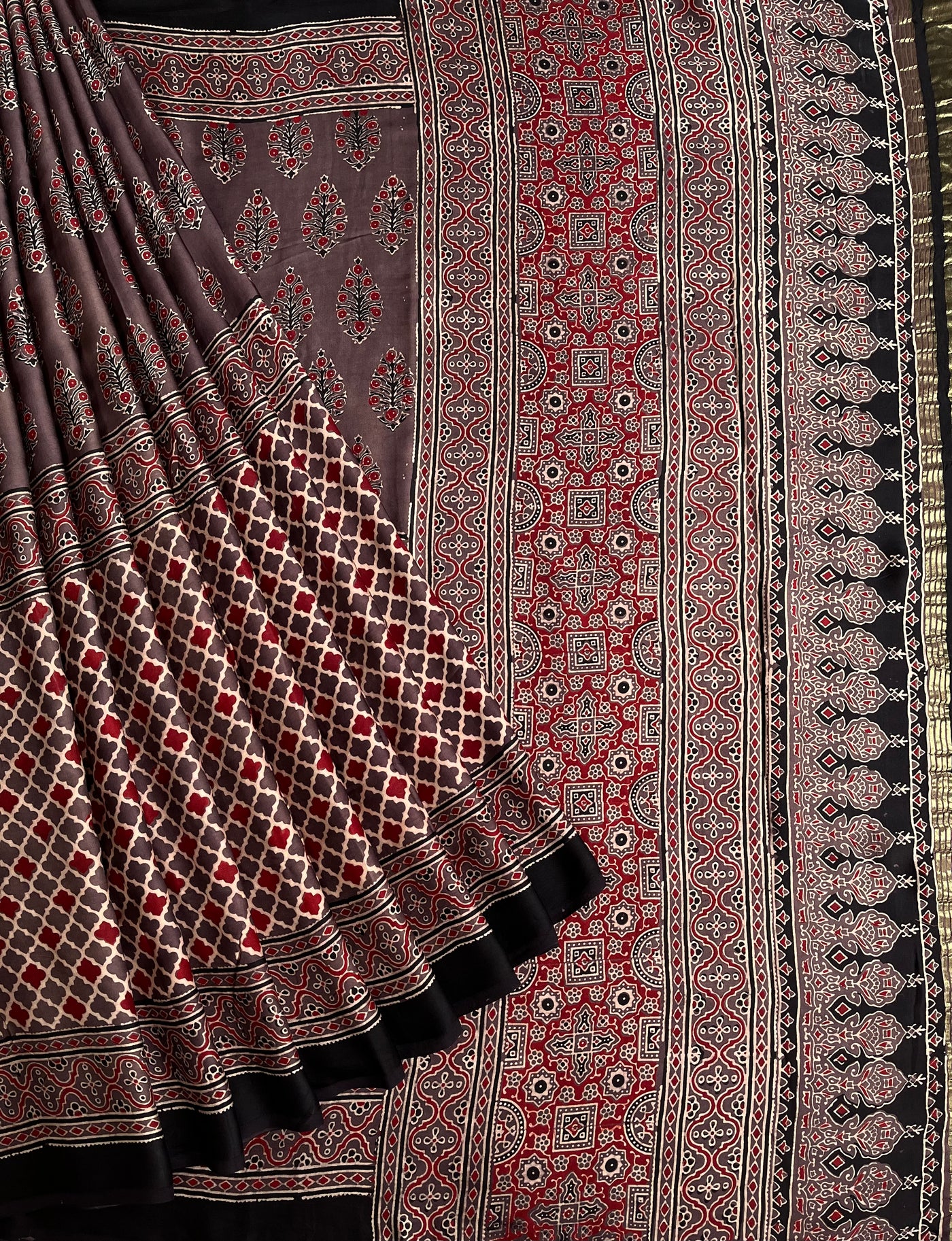 GOLDI: Handblock Modal Silk Tissue Ajrakh Saree