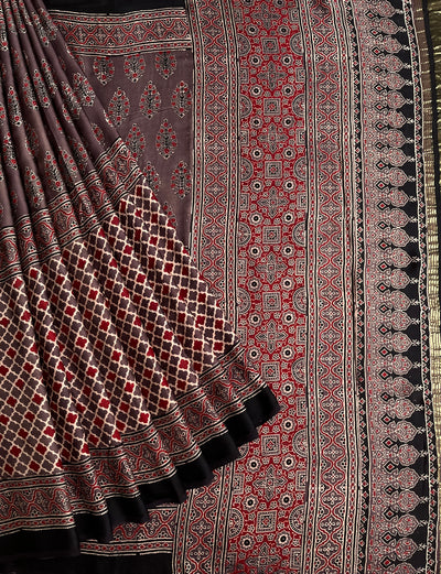 GOLDI: Handblock Modal Silk Tissue Ajrakh Saree