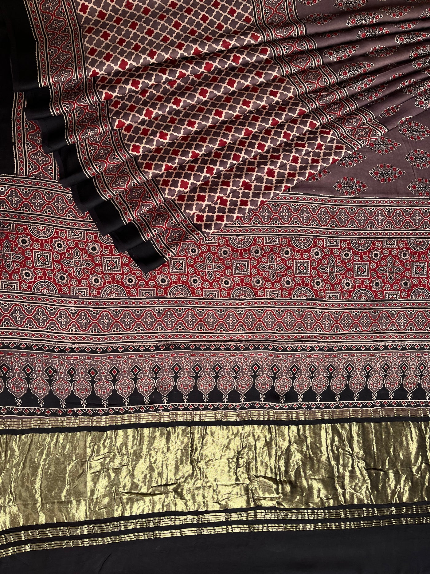 GOLDI: Handblock Modal Silk Tissue Ajrakh Saree