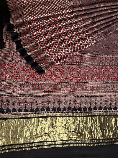 GOLDI: Handblock Modal Silk Tissue Ajrakh Saree