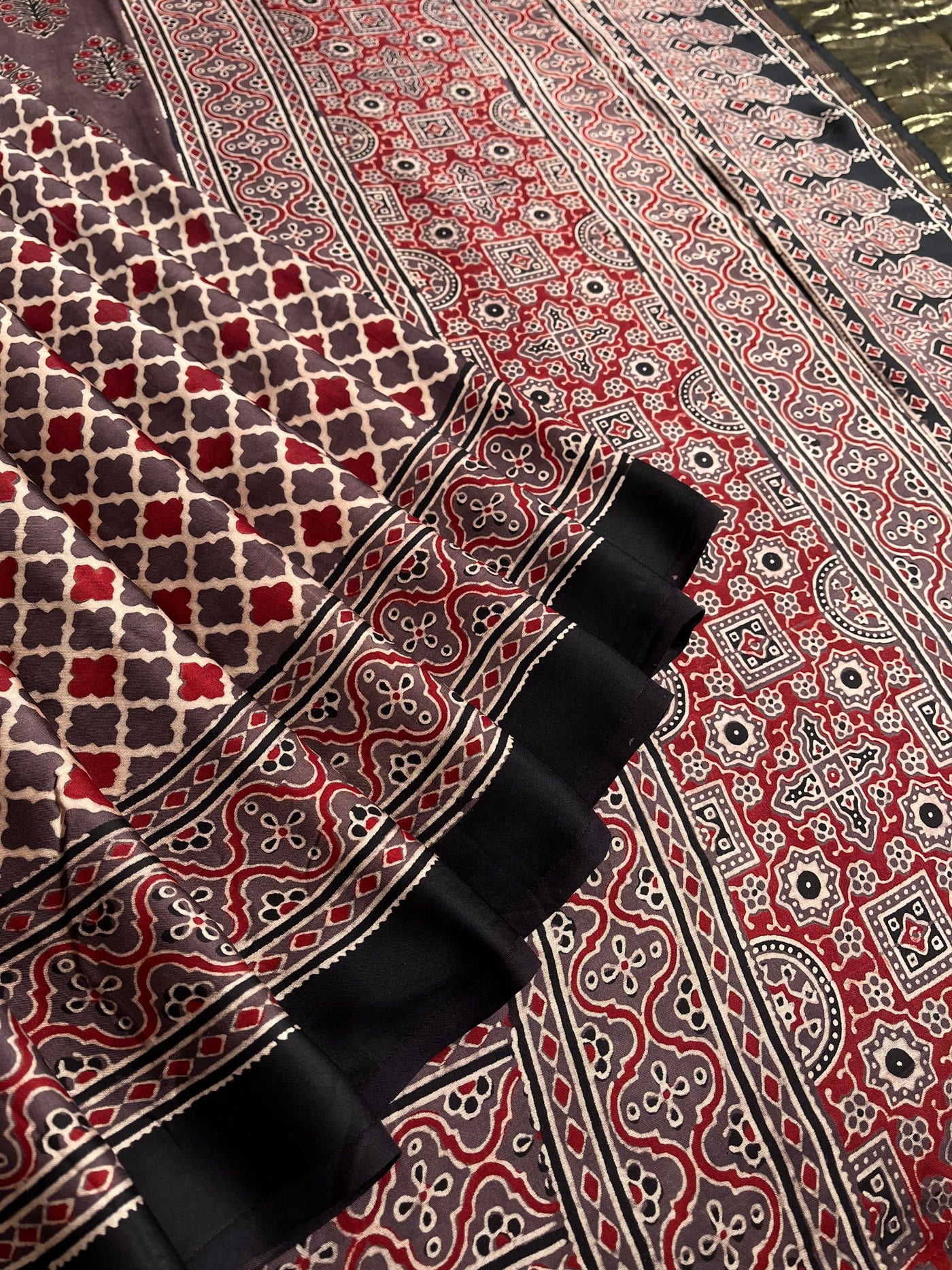 GOLDI: Handblock Modal Silk Tissue Ajrakh Saree