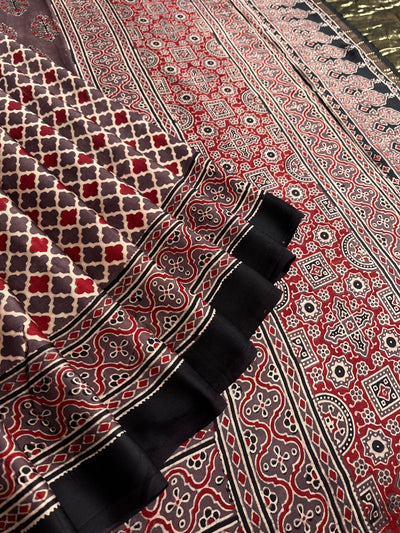 GOLDI: Handblock Modal Silk Tissue Ajrakh Saree