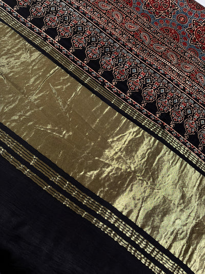 RASHI: Handblock Modal Silk Tissue Ajrakh Saree