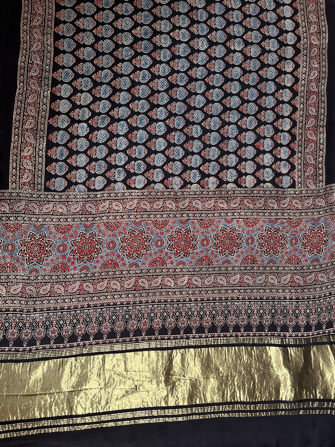 RASHI: Handblock Modal Silk Tissue Ajrakh Saree