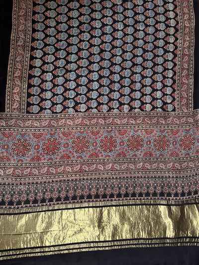 RASHI: Handblock Modal Silk Tissue Ajrakh Saree