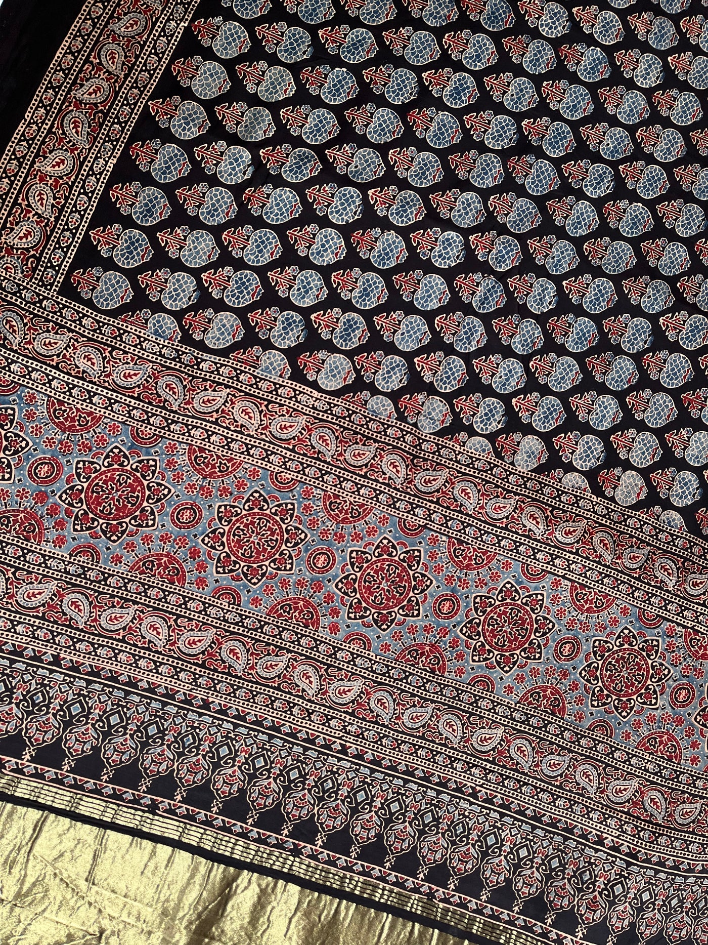 RASHI: Handblock Modal Silk Tissue Ajrakh Saree