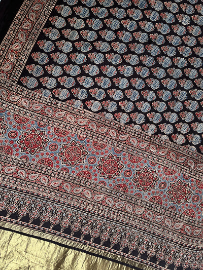 RASHI: Handblock Modal Silk Tissue Ajrakh Saree