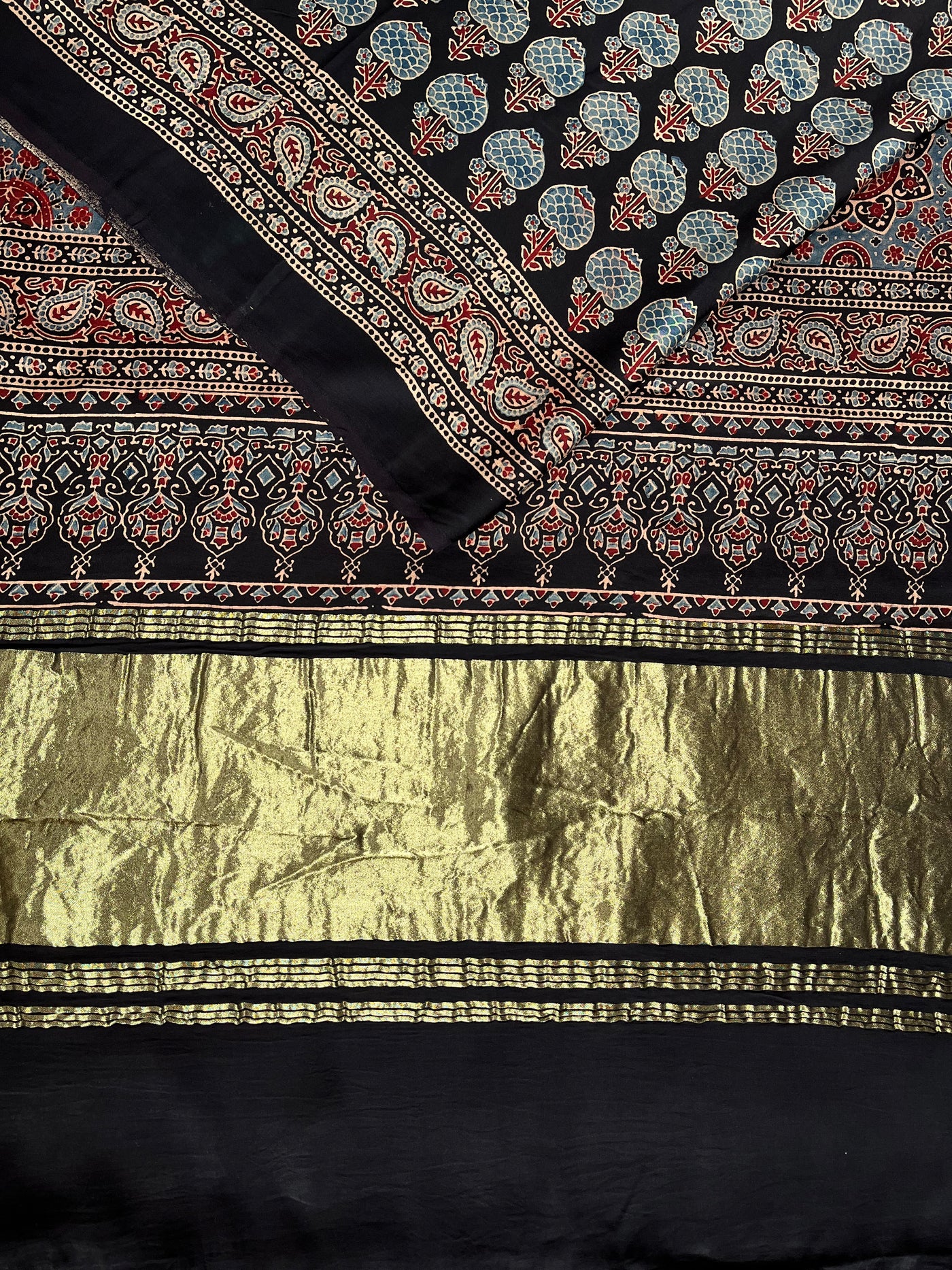 RASHI: Handblock Modal Silk Tissue Ajrakh Saree