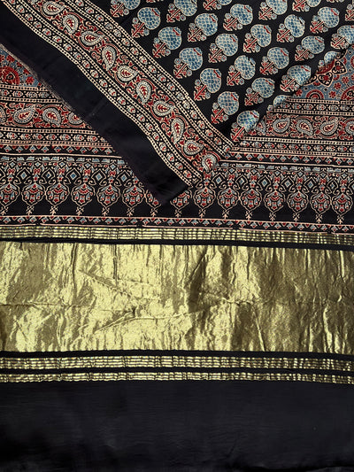 RASHI: Handblock Modal Silk Tissue Ajrakh Saree