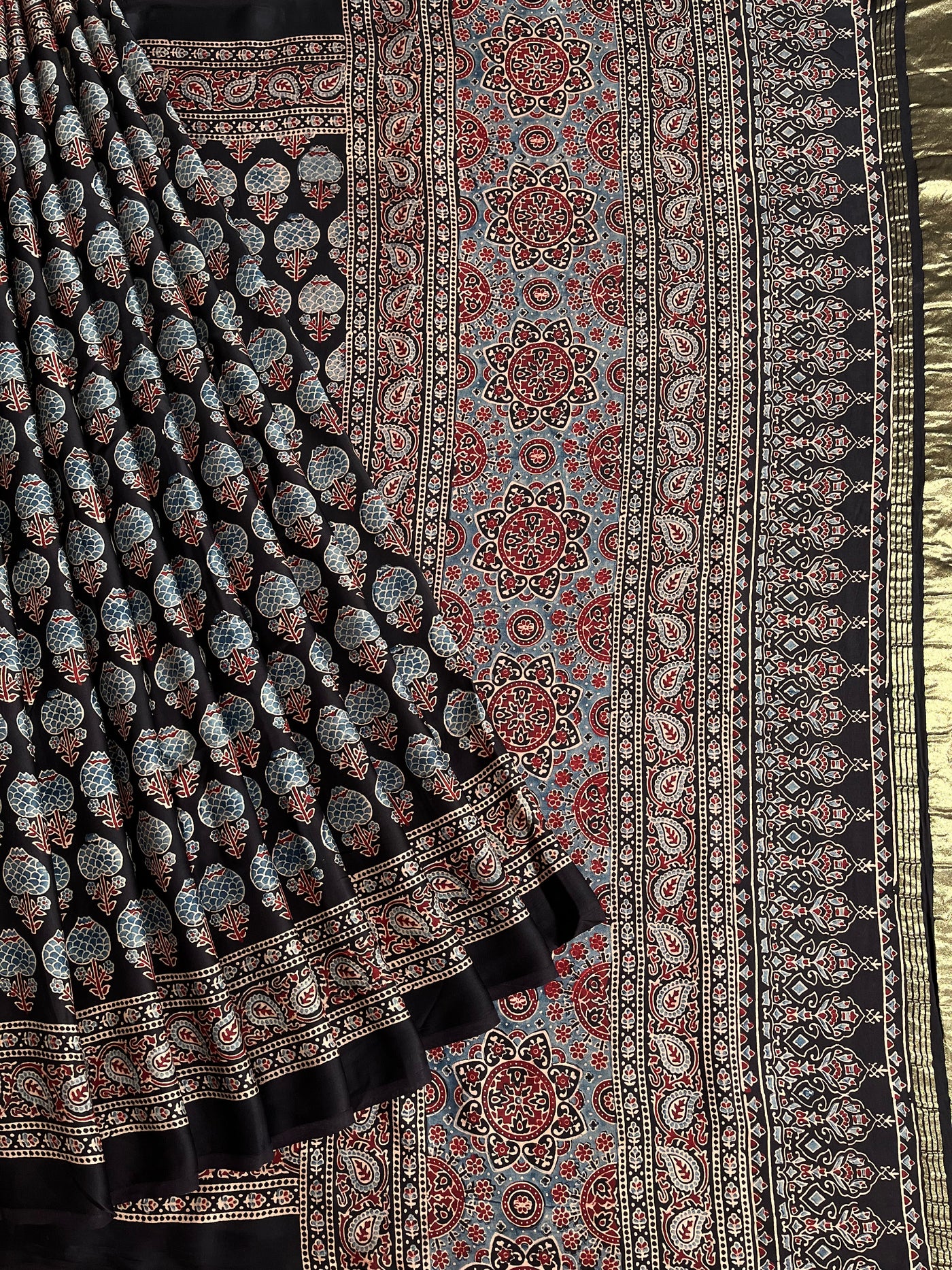 RASHI: Handblock Modal Silk Tissue Ajrakh Saree