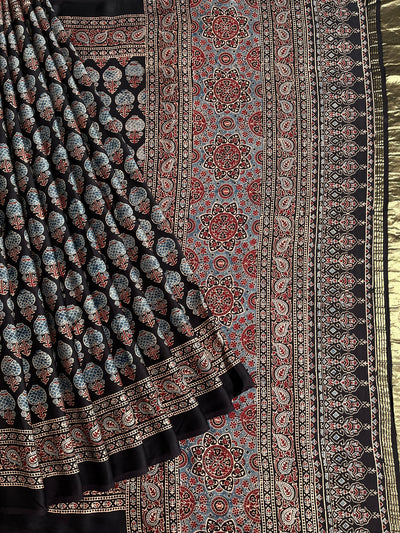 RASHI: Handblock Modal Silk Tissue Ajrakh Saree
